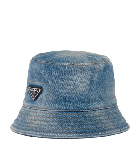 prada bucket hat on|Prada denim bucket hat.